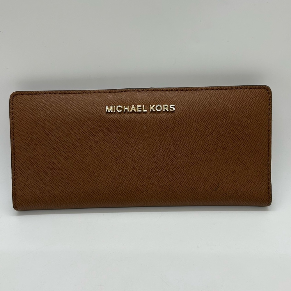 Michael Kors Jet Set Travel Leather Wallet Snap Closure Brown 8"x4" New